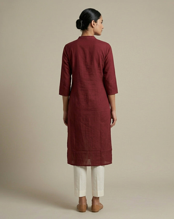 Deep Maroon Solid Cotton Straight Kurta with Mandarin Collar