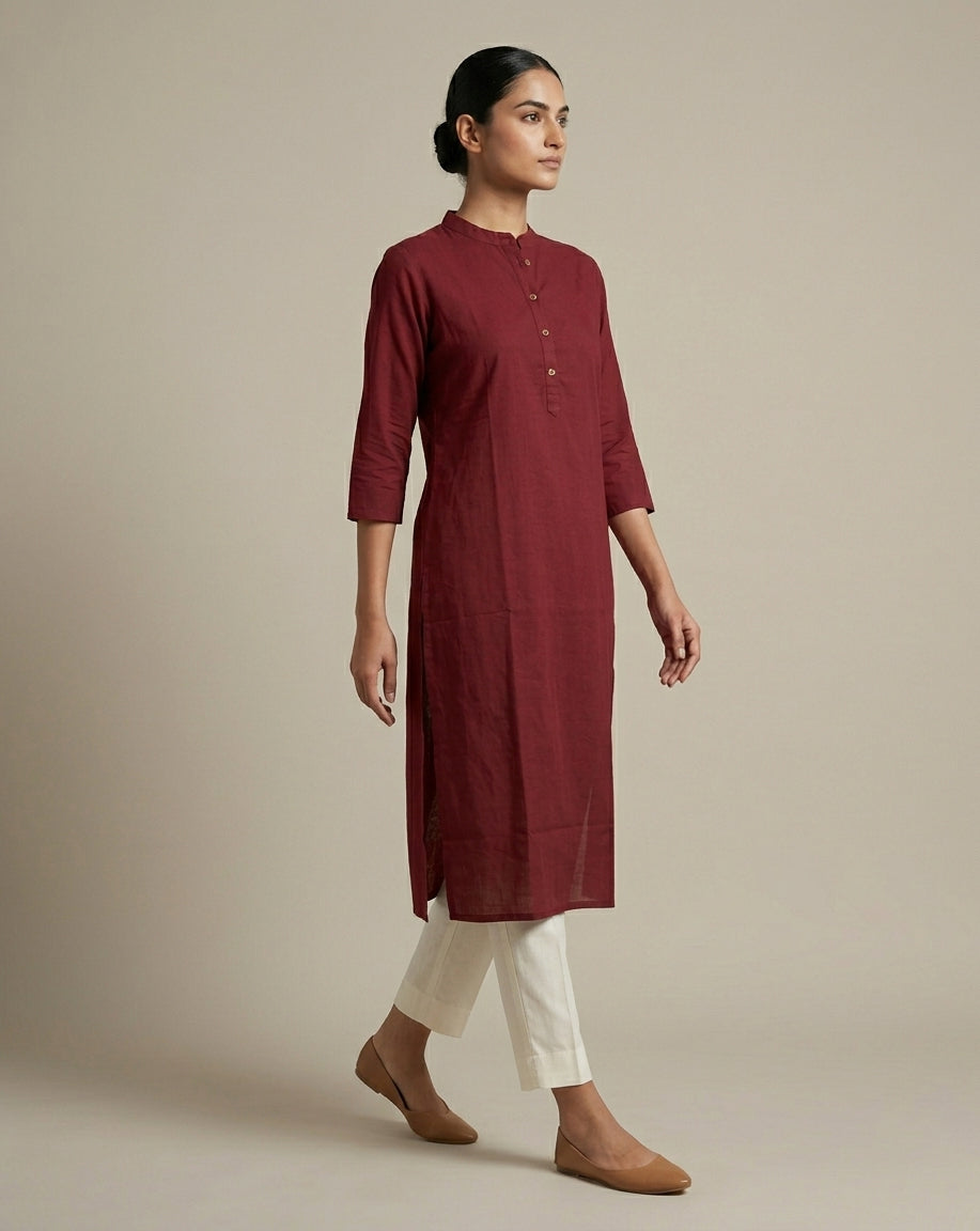Deep Maroon Solid Cotton Straight Kurta with Mandarin Collar