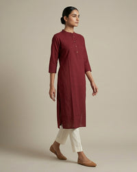 Deep Maroon Solid Cotton Straight Kurta with Mandarin Collar 3