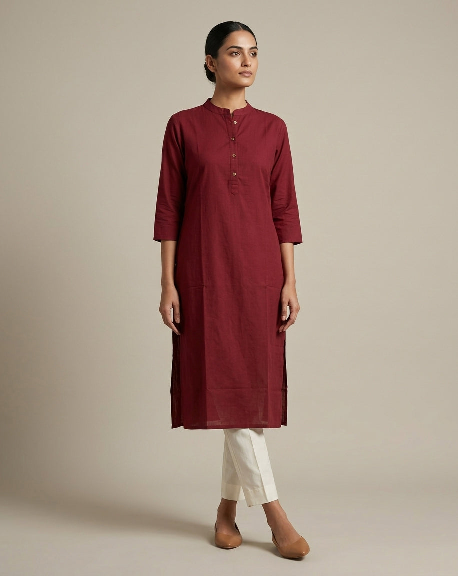 Deep Maroon Solid Cotton Straight Kurta with Mandarin Collar