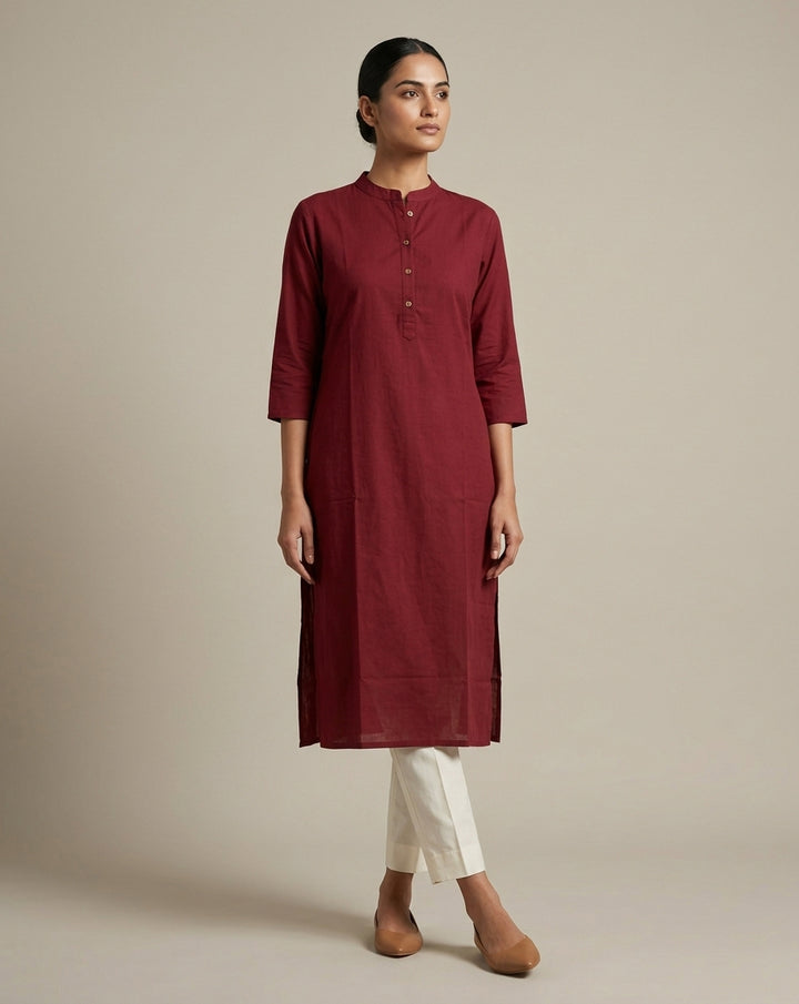 Deep Maroon Solid Cotton Straight Kurta with Mandarin Collar