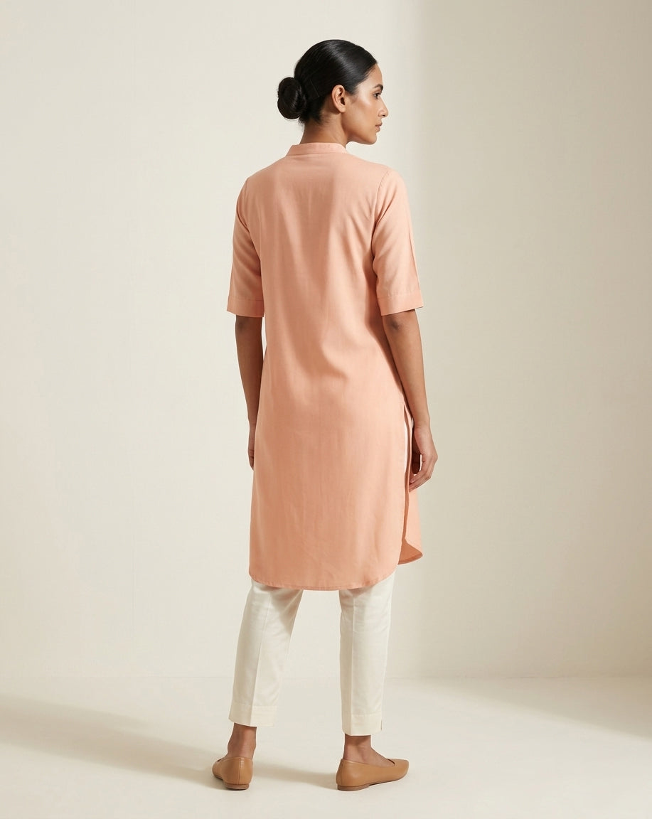 Peach Solid Cotton Straight Kurta with Mandarin Collar