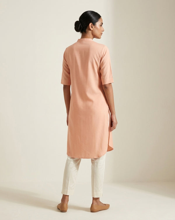 Peach Solid Cotton Straight Kurta with Mandarin Collar
