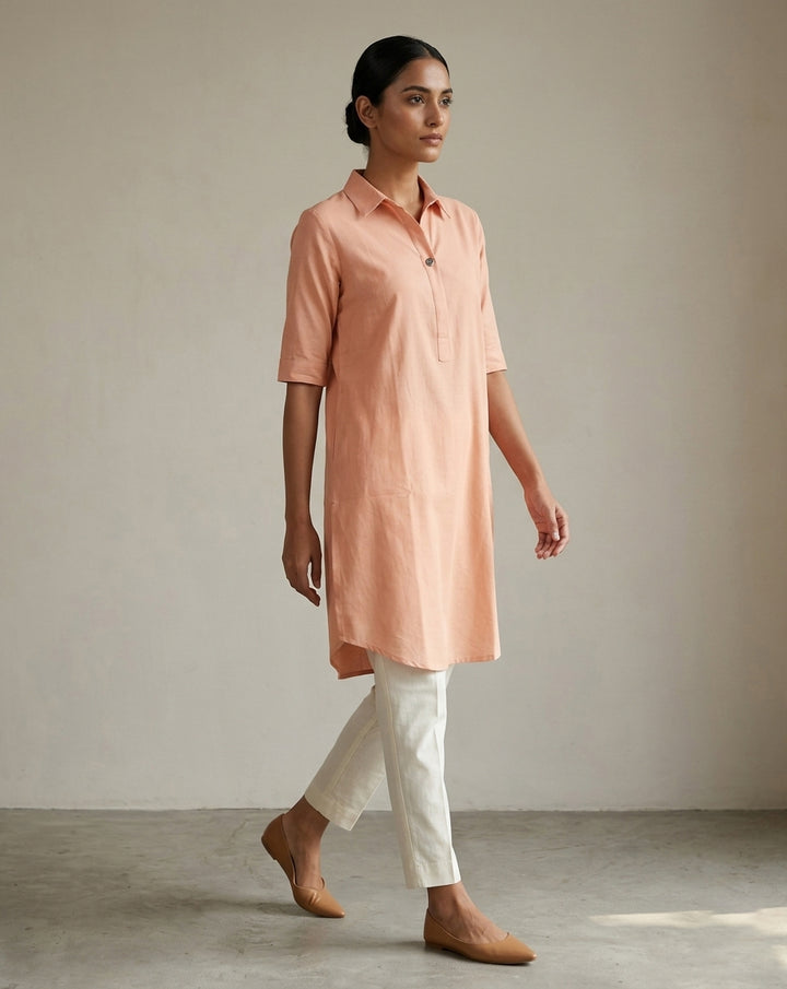 Peach Solid Cotton Straight Kurta with Mandarin Collar