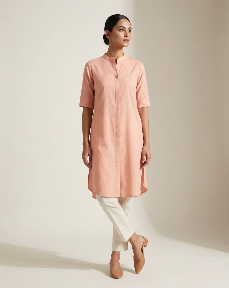 Peach Solid Cotton Straight Kurta with Mandarin Collar