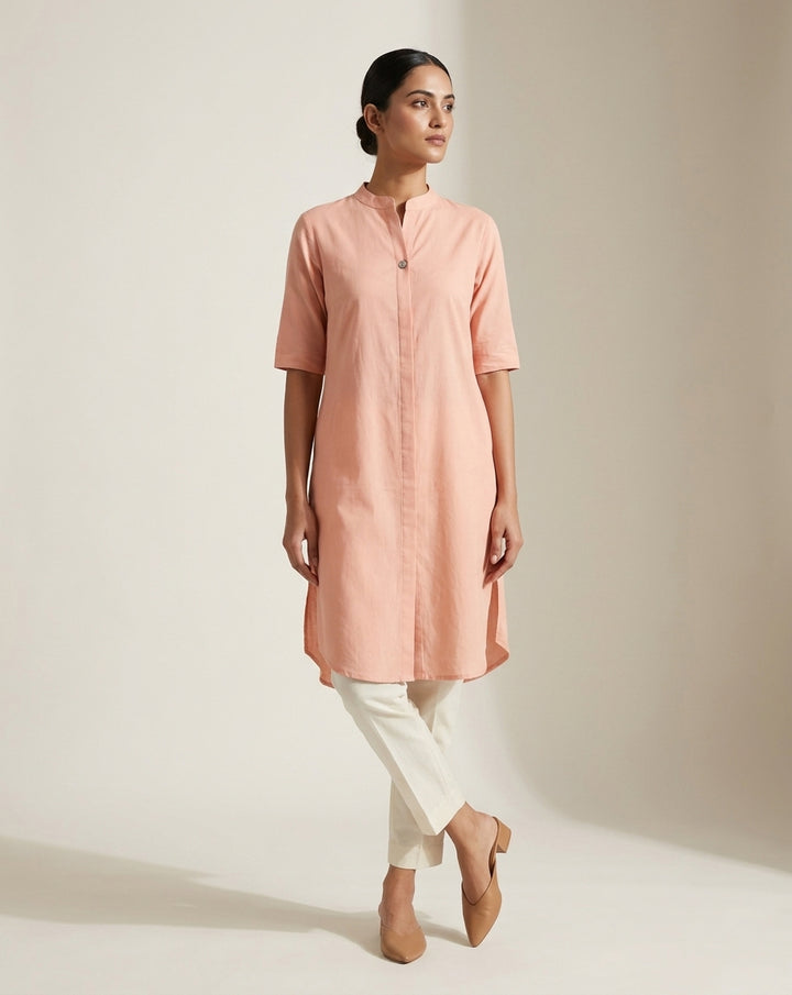 Peach Solid Cotton Straight Kurta with Mandarin Collar