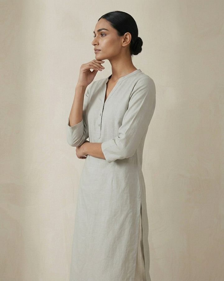 Light Grey Solid Cotton Straight Kurta with Mandarin Collar